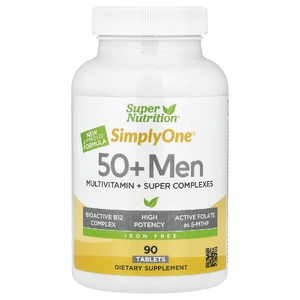 Super Nutrition, Simply One, мультивитамины с суперадаптогенами, зеленью, специями и антиоксидантами для мужчин старше 50 лет, без железа, 90 таблеток (Товар снят с продажи) 