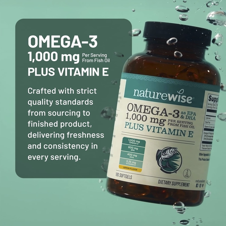 NatureWise, омега-3 и витамин E, лимон, 360 капсул