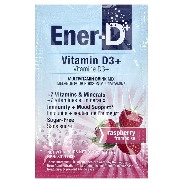 Ener-C, Ener-D, витамин D3, увлажняющая шипучая смесь для приготовления напитка, без сахара, малина, 1000 мг, 24 пакетика