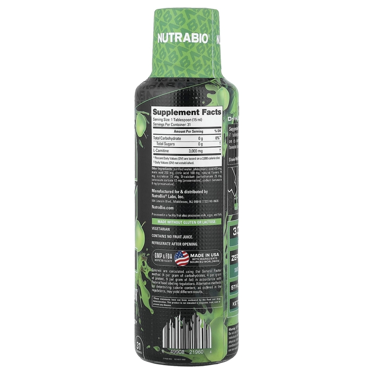 NutraBio, LeanShots L-карнитин 3000, зеленое яблоко, 473 мл (16 жидк. унц.)
