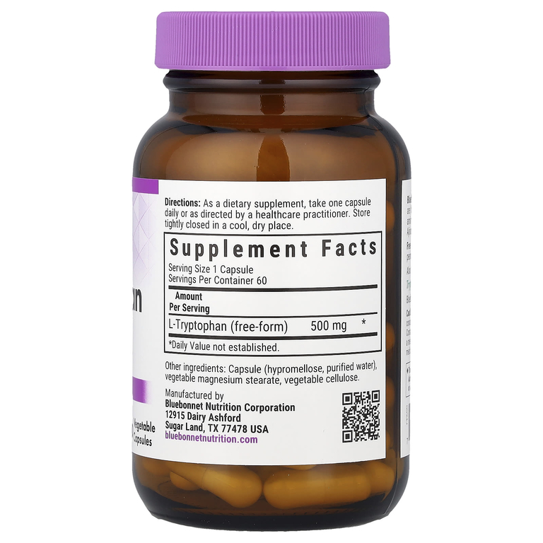 Bluebonnet Nutrition, L-триптофан, 500 мг, 60 растительных капсул