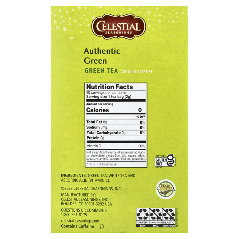 Celestial Seasonings, настоящий зеленый чай, 40 чайных пакетиков, 82 г (2,9 унции)