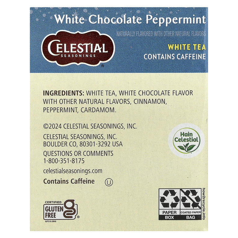 Celestial Seasonings, белый чай, белый шоколад и перечная мята, 20 чайных пакетиков, 25 г (0,9 унции) (Товар снят с продажи) 