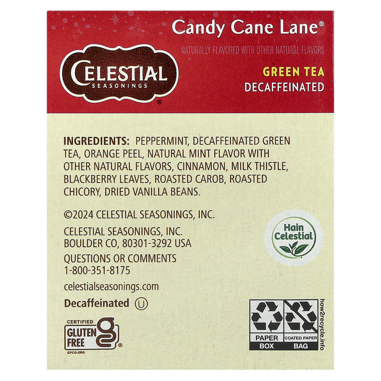 Celestial Seasonings, Holiday Green Tea, Candy Cane Lane®, без кофеина, 18 чайных пакетиков, 35 г (1,2 унции) (Товар снят с продажи) 