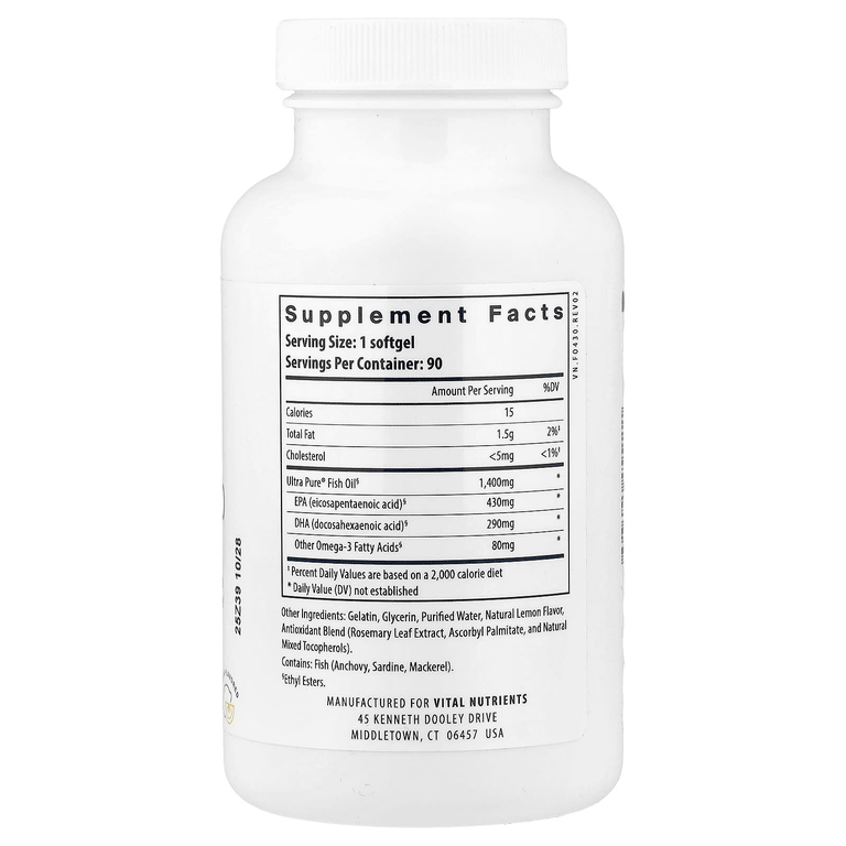 Vital Nutrients, Ultra Pure®, рыбий жир 800, лимон, 90 капсул