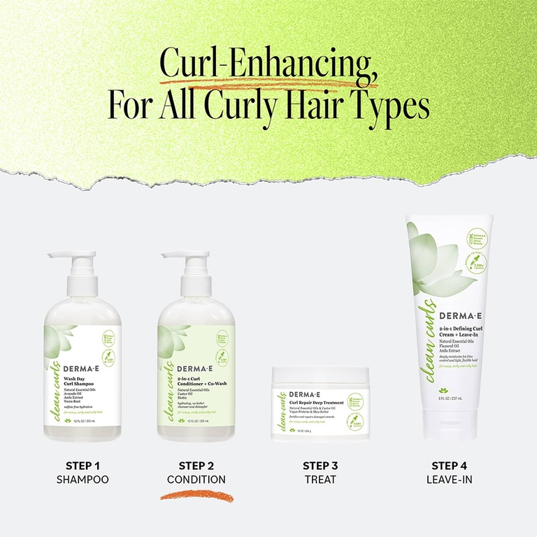 DERMA E, Clean Curls, кондиционер для локонов, 2 в 1, для волнистых и вьющихся волос, 355 мл (12 жидк. унций)