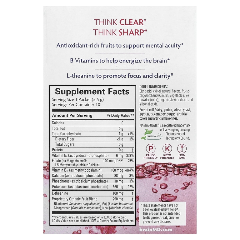 BrainMD, Brain Boost, напиток для мозга, который можно взять с собой, без кофеина, 10 пакетиков