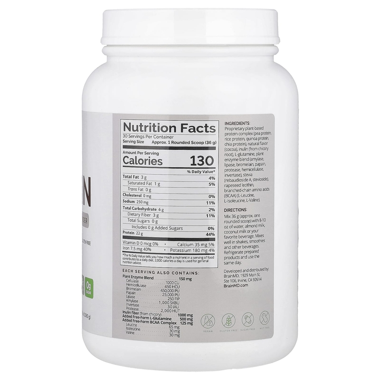 BrainMD, Omni Protein, протеиновый порошок из растительных ингредиентов, со вкусом шоколада, 1080 г (2,38 фунта)
