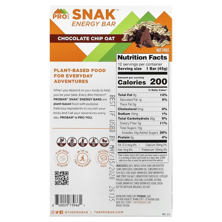 ProBar, SNAK™, энергетический батончик, овсяные хлопья с шоколадной крошкой, 12 батончиков по 45 г (1,6 унции) (Товар снят с продажи) 