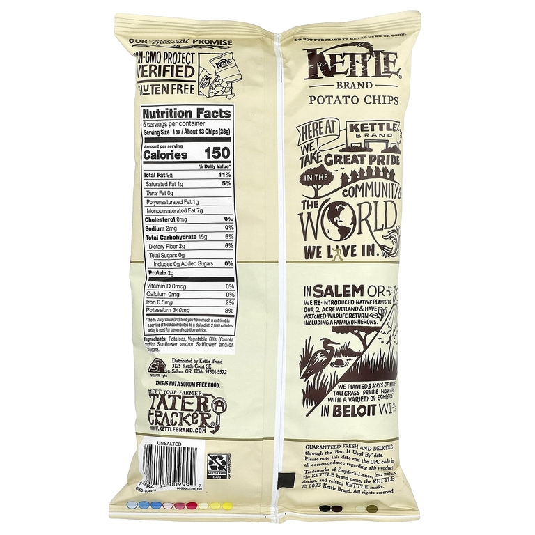 Kettle Foods, картофельные чипсы, несоленые, 141 г (5 унций)