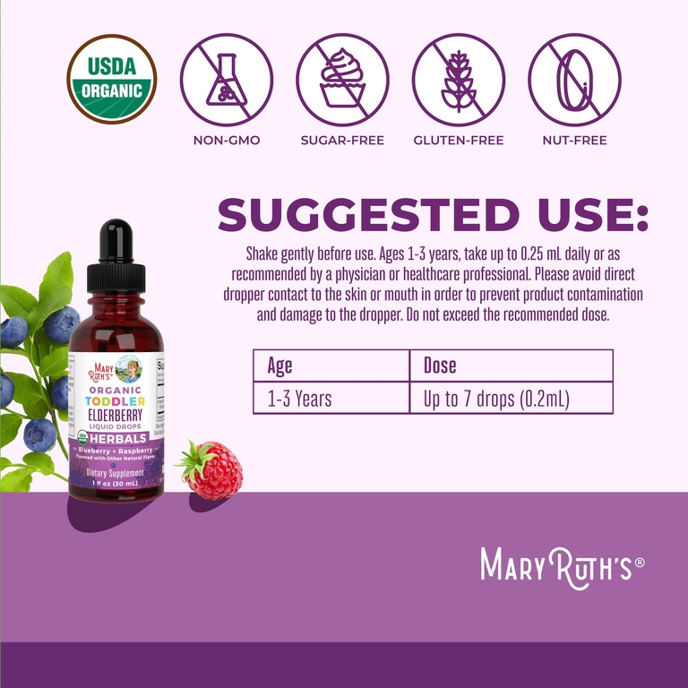 MaryRuth's, Органическая бузина в каплях для детей 1–3 лет, голубика и малина, 30 мл (1 жидк. унция)