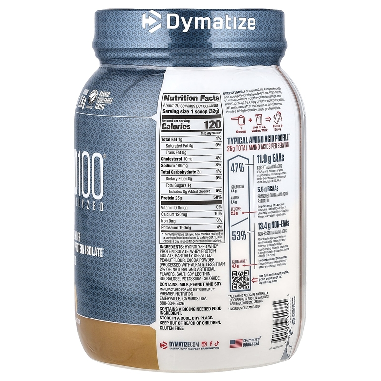 Dymatize, ISO100®, гидролизованный, 100% изолят сывороточного протеина, шоколад и арахисовое масло, 650 г (1,43 фунта)