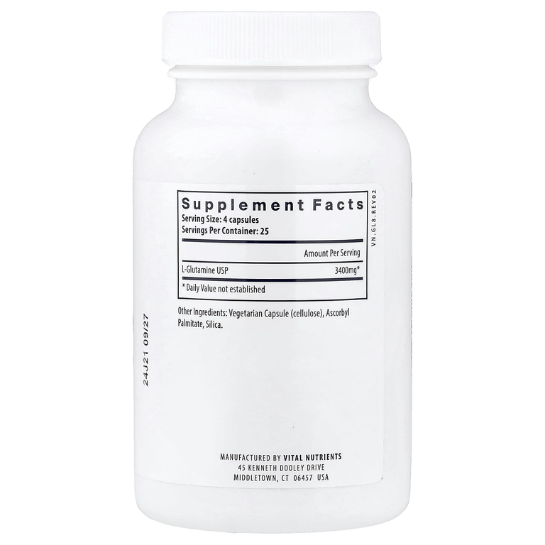 Vital Nutrients, глутамин, 100 веганских капсул (850 мг в 1 капсуле) (Товар снят с продажи) 