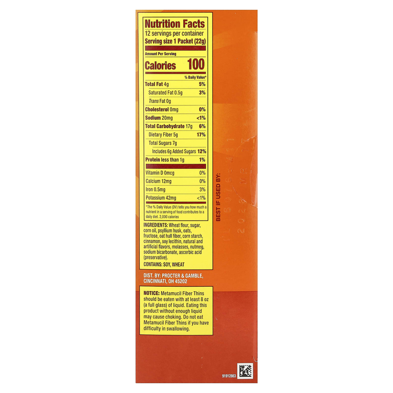 Metamucil, Fiber Thins, корица, 12 пакетиков по 22 г (0,77 унции)