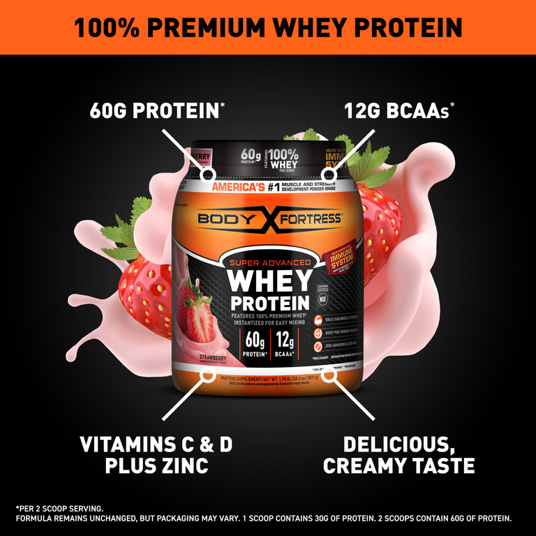 Body Fortress, Super Advanced Whey Protein, улучшенный сывороточный протеин, со вкусом клубники, 810 г (1,78 фунта) (Товар снят с продажи) 