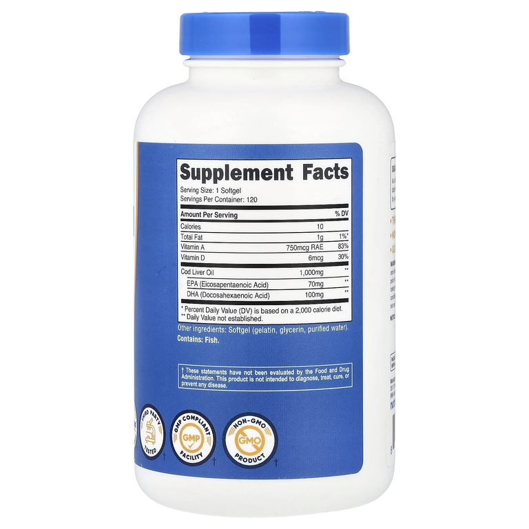 Nutricost, жир печени трески, 1000 мг, 120 капсул