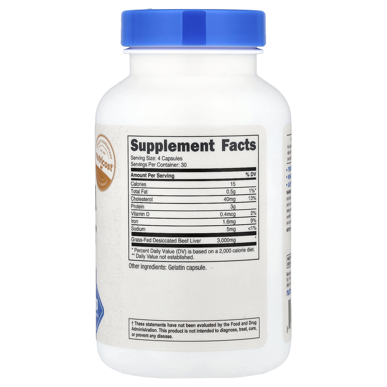 Nutricost, Говяжья печень травяного откорма, 120 капсул (750 мг в капсуле)