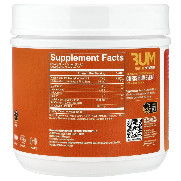 Raw Nutrition, Bum Essentials, предтренировочный комплекс, апельсин, 14,6 унции (414 г)