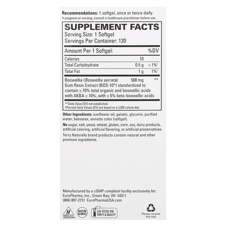 Terry Naturally, BosMed 500, босвеллия, улучшенная формула, 500 мг, 120 капсул