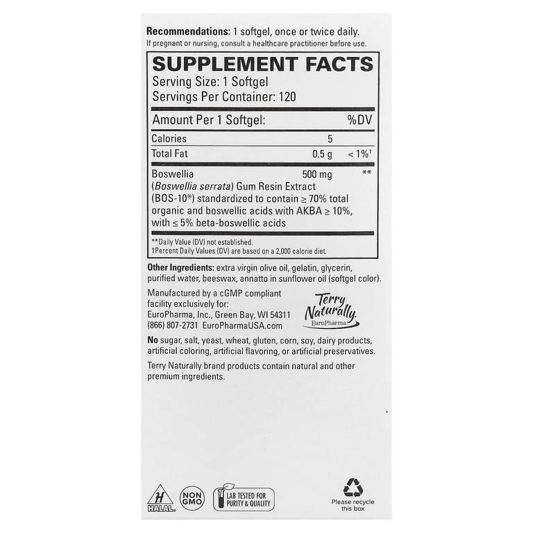 Terry Naturally, BosMed®  500 повышенной силой действия, босвеллия, 500 мг, 120 мягких капсул