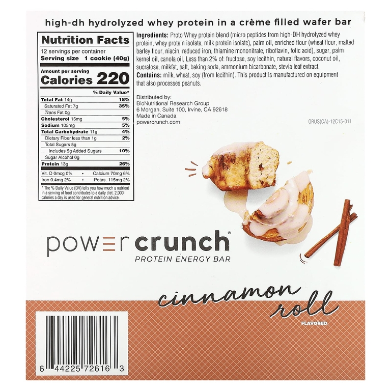 BNRG, Power Crunch®, протеиновый батончик, булочка с корицей, 12 батончиков по 40 г (1,4 унции)