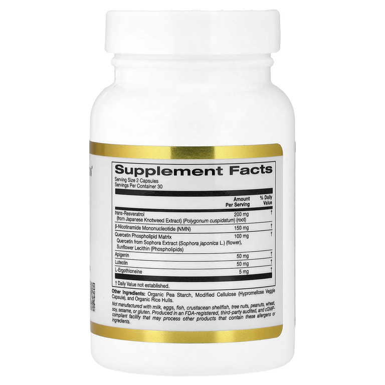 California Gold Nutrition, комплекс с NMN, транс-ресвератролом, фитосомным комплексом кверцетина, апигенином и лютеолином, 60 вегетарианских капсул