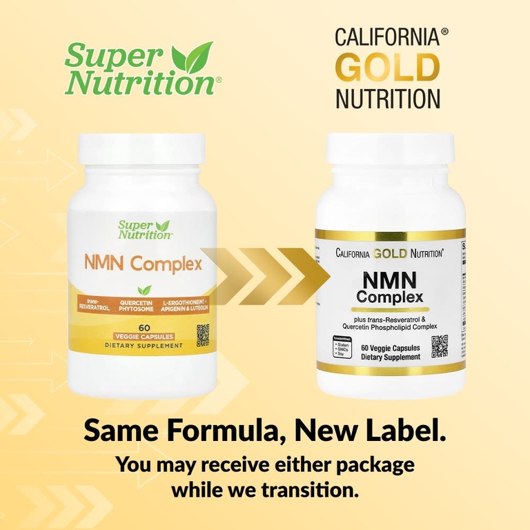 California Gold Nutrition, комплекс с NMN, транс-ресвератролом, фитосомным комплексом кверцетина, апигенином и лютеолином, 60 вегетарианских капсул
