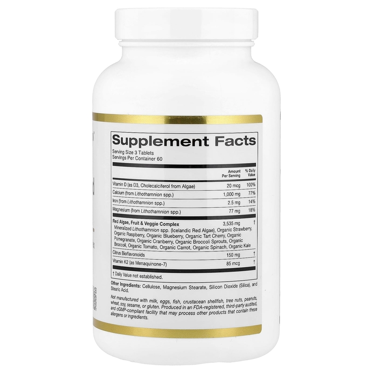 California Gold Nutrition, кальций из водорослей, добавка с кальцием, витамином D3 и магнием, органическая клубника, малина и голубика, 180 таблеток
