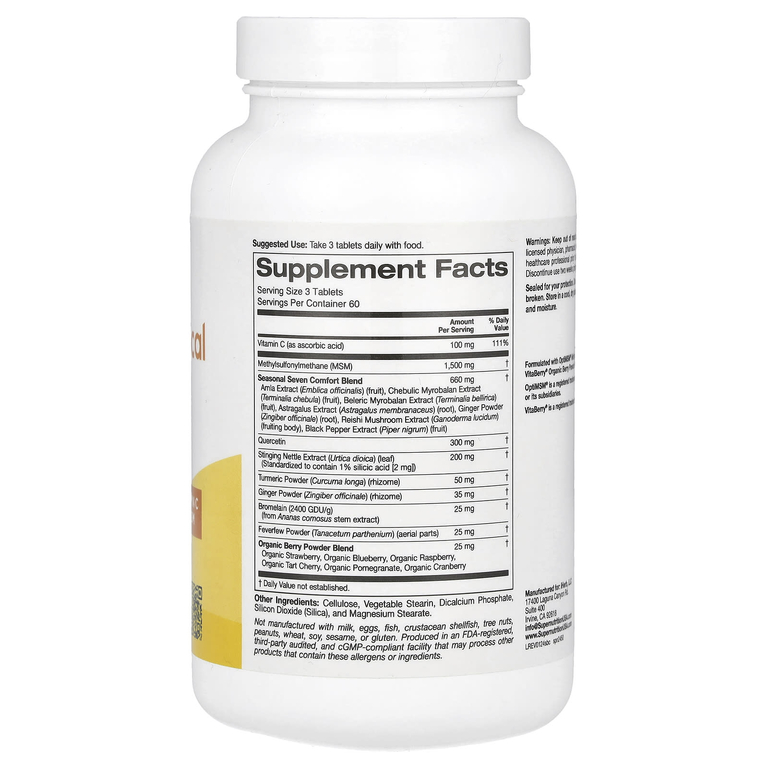 Super Nutrition, сезонный растительный комплекс с кверцетином, бромелаином, витамином C, куркумой и имбирём, 180 таблеток