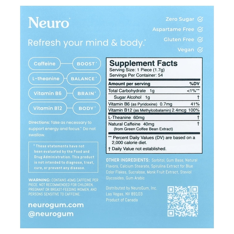NeuroGum, жевательная резинка для энергии и концентрации, со вкусом перечной мяты, 6 пакетиков по 9 шт.