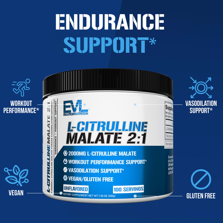 EVLution Nutrition, L-цитруллин малат 2:1, без вкусовых добавок, 200 г (7,05 унции)