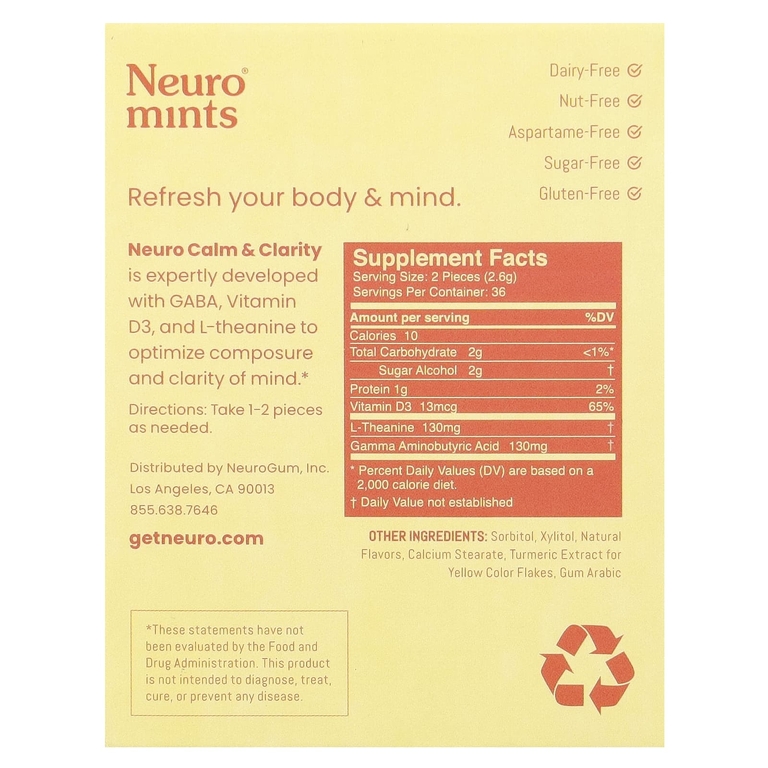 NeuroGum, NeuroMints, спокойствие и ясность, с медом и лимоном, 6 пакетиков по 12 шт.