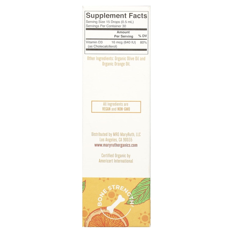 MaryRuth's, Organic Kids Vitamin D3, жидкие капли, для детей от 4 до 13 лет, со вкусом апельсина, 640 МЕ, 15 мл (0,5 жидк. Унции)