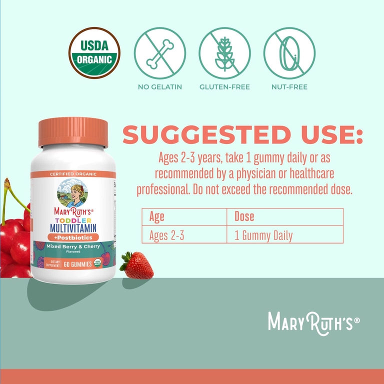 MaryRuth's, Органические мультивитамины и постбиотики для малышей, смесь ягод и вишня, 60 жевательных таблеток