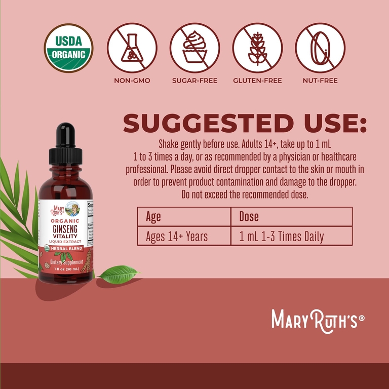 MaryRuth's, жидкий экстракт органического женьшеня, без спирта, 30 мл