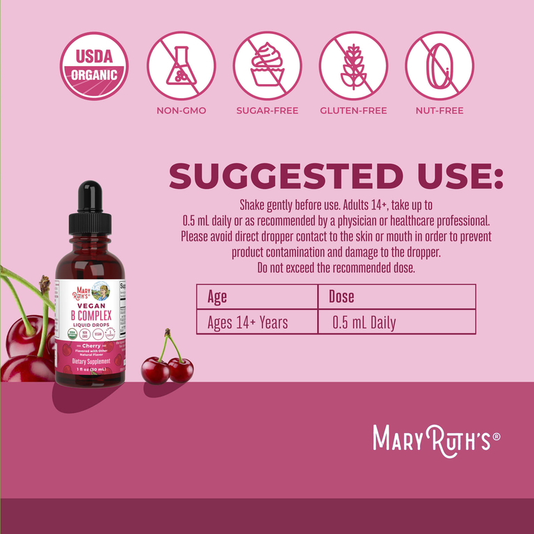 MaryRuth's, Веганский комплекс витаминов группы B, капли, вишня, 30 мл (1 жидк. унция)