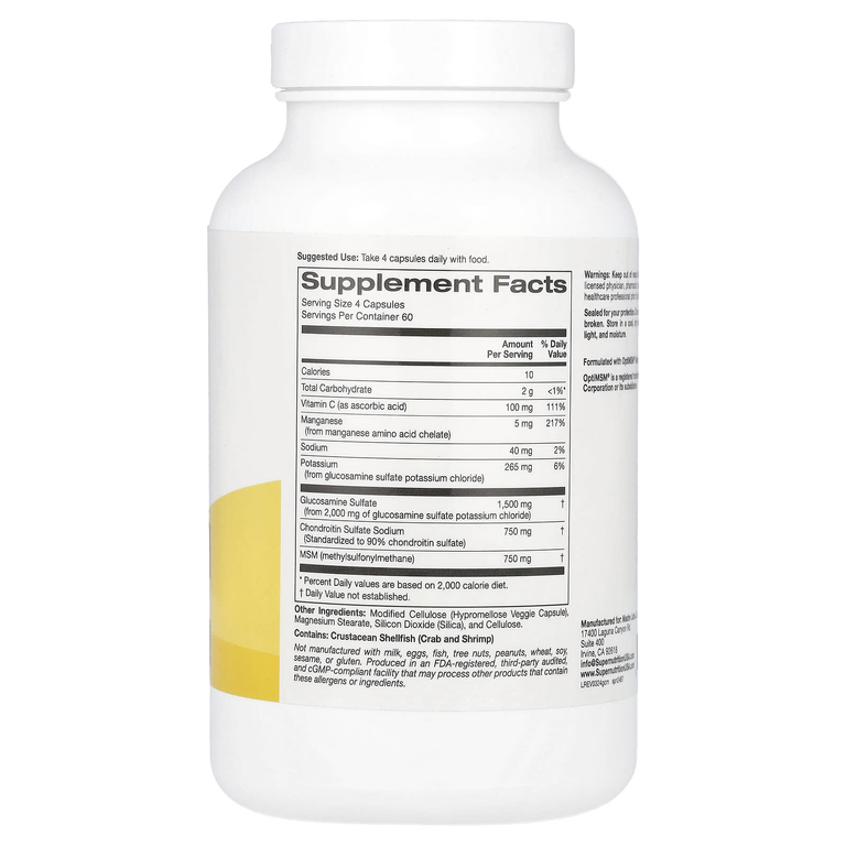 Super Nutrition, глюкозамин, хондроитин и МСМ с калием и витамином C, 240 растительных капсул
