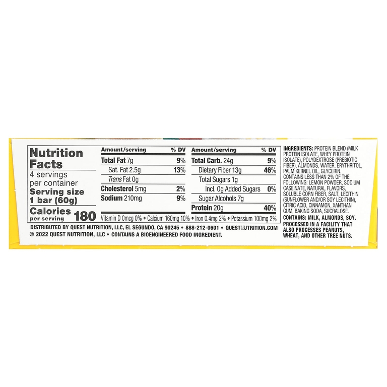 Quest Nutrition, протеиновый батончик, лимонный торт, 4 шт. по 60 г (2,12 унции)