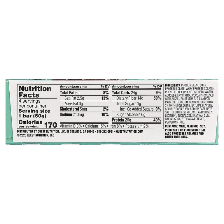 Quest Nutrition, протеиновый батончик, мята и шоколадная крошка, 4 шт. по 60 г (2,12 унции)