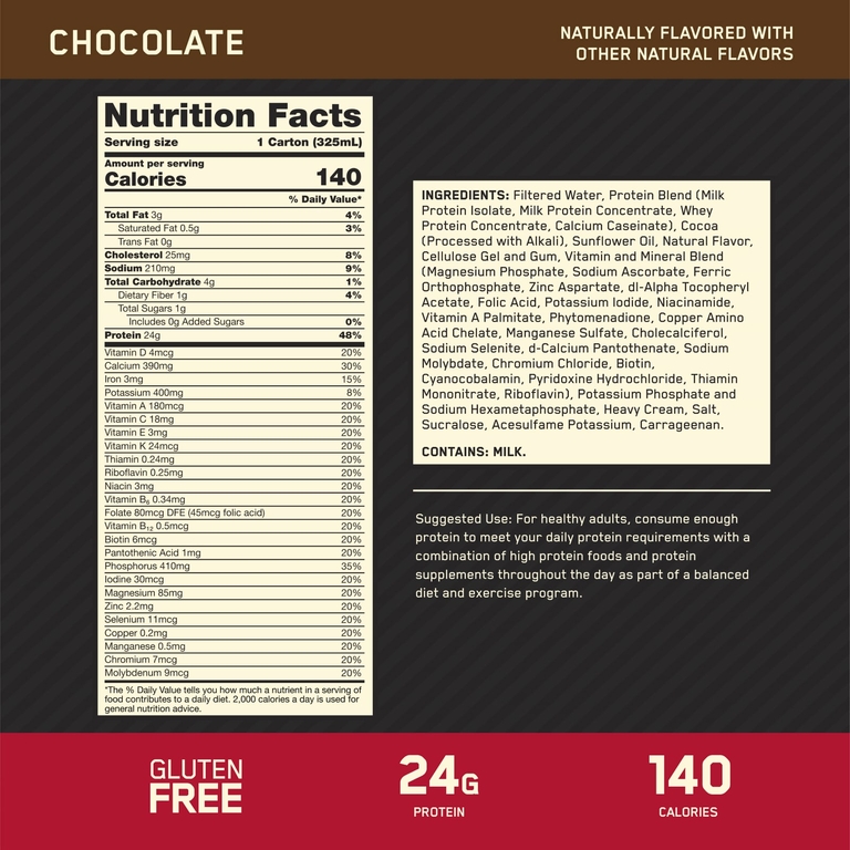 Optimum Nutrition, Gold Standard Protein Shake, протеиновый коктейль, шоколадный вкус, 4 упаковки по 325 мл (11 жидк. унций)
