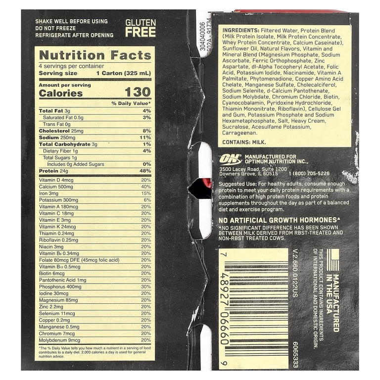 Optimum Nutrition, протеиновый коктейль Gold Standard, со вкусом ванили, 4 упаковки по 325 мл (11 жидк. унций)