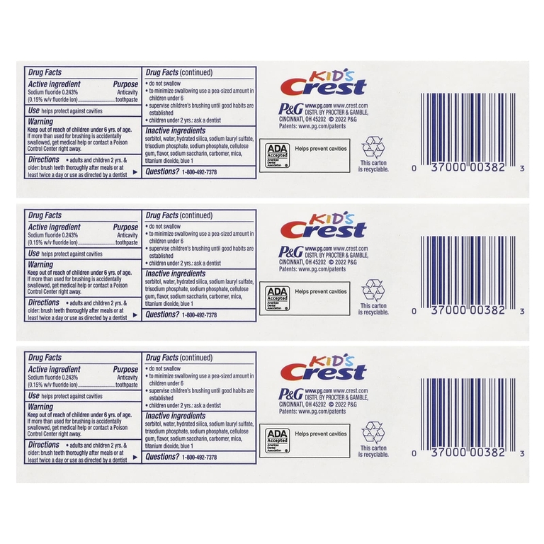 Crest, для детей, зубная паста против кариеса с фтором, с блестками, 3 шт. в упаковке, 130 г (4,6 унции)