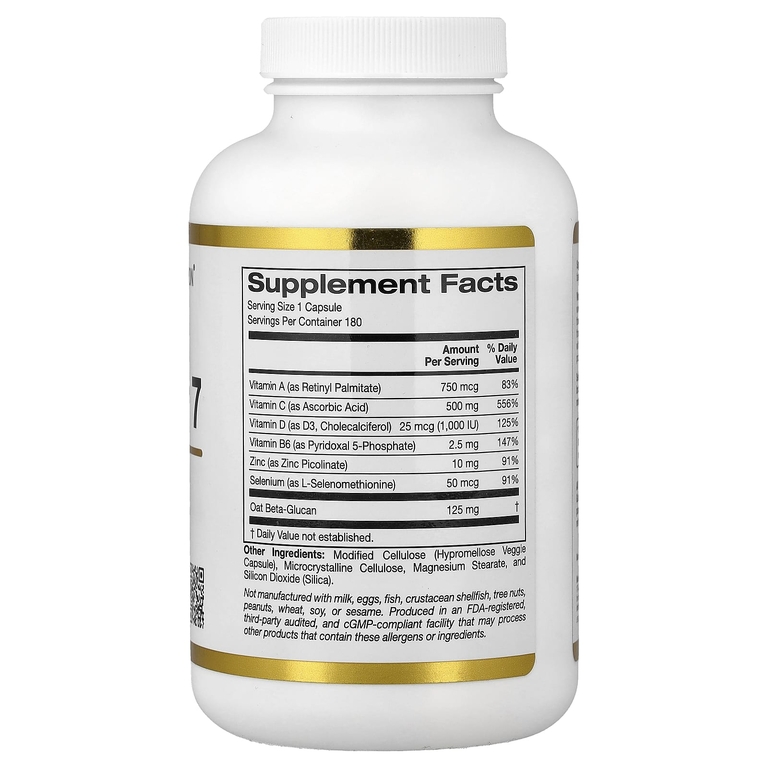 California Gold Nutrition, Defender 7, добавка с витаминами A, C, D3 и B6, цинком, селеном и бета-глюканом, 180 растительных капсул