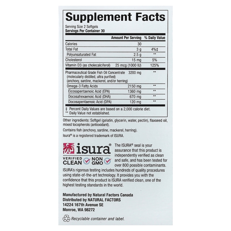 Natural Factors, RxOmega-3 повышенной силы действия с витамином D3, 60 капсул