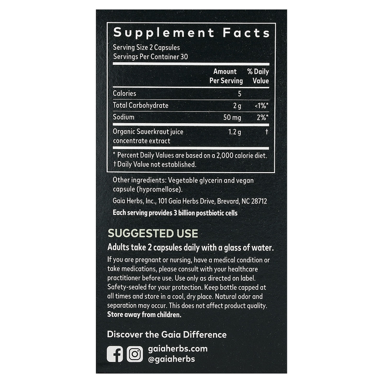 Gaia Herbs, постбиотик из квашеной капусты, 60 веганских капсул Liquid Phyto-Caps (600 мг в 1 капсуле)