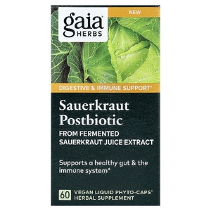 Gaia Herbs, Постбиотик из квашеной капусты, 60 веганских жидких фито-капсул®  (0,6 мг в каждой капсуле)