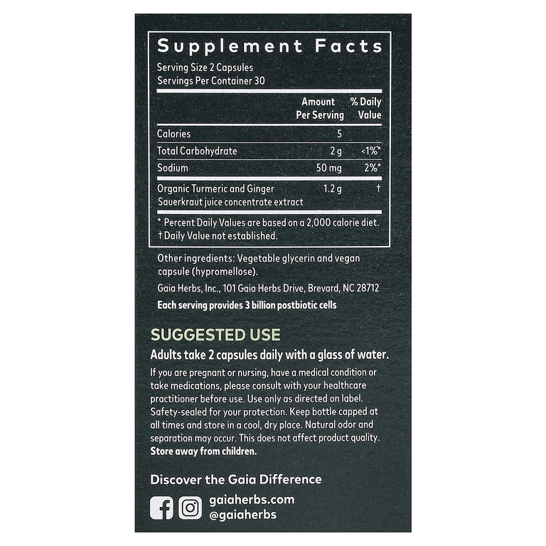 Gaia Herbs, постбиотик с имбирем и куркумой, 60 веганских капсул Liquid Phyto-Caps (0,6 г в 1 капсуле)