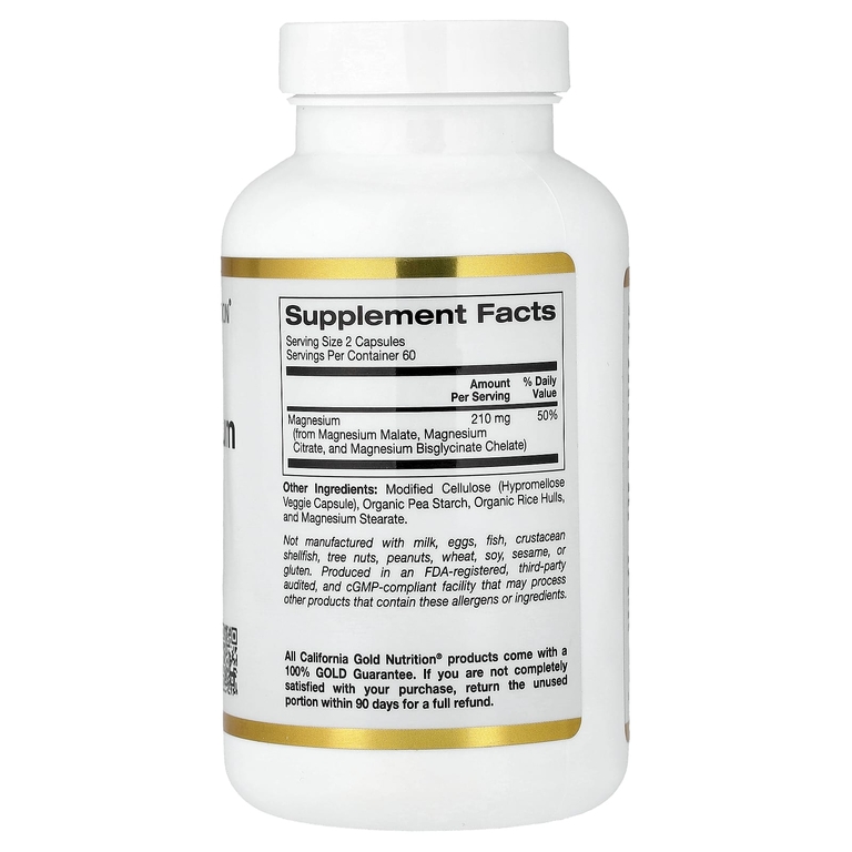 California Gold Nutrition, комплекс с тремя видами магния, малат, цитрат и хелатный бисглицинат, 120 растительных капсул (105 мг в 1 капсуле)