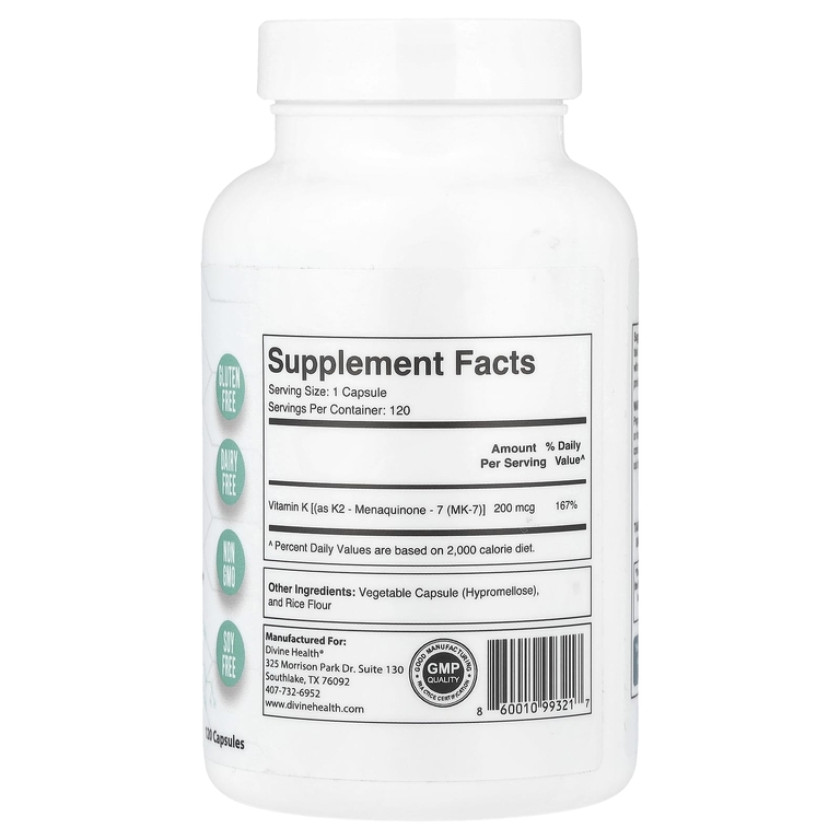 Divine Health, Дон Кольбер, доктор медицины Super K2, 120 капсул (200 мкг в капсуле)