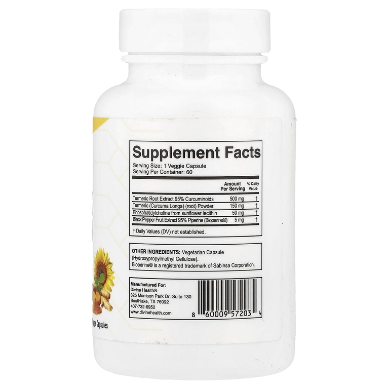 Divine Health, куркума с экстрактом BioPerine, высокая эффективность, 60 растительных капсул